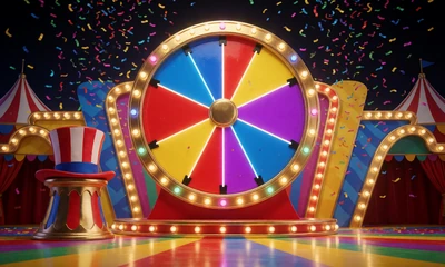 Live Game Show Crazy Time: riesiges buntes Gl&uuml;cksrad in einem Konfetti-Studio
