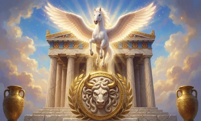 Jackpot Slot Divine Fortune: Pegasus mit leuchtenden Fl&uuml;geln &uuml;ber einem griechischen Tempel
