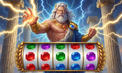 Online Slot Gates of Olympus: Zeus mit Blitzen &uuml;ber den Marmors&auml;ulen des Olymp