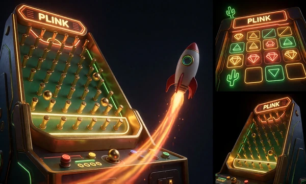 Sofortspiele bei Lizaro: Plinko-Board, Crash-Rakete und Mines-Raster im Neon-Look