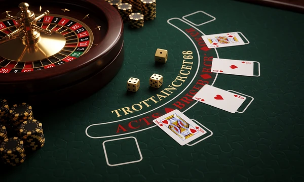 Klassische Casino Tischspiele: Roulettekessel, Blackjack-Karten, Chips und W&uuml;rfel auf gr&uuml;nem Filz