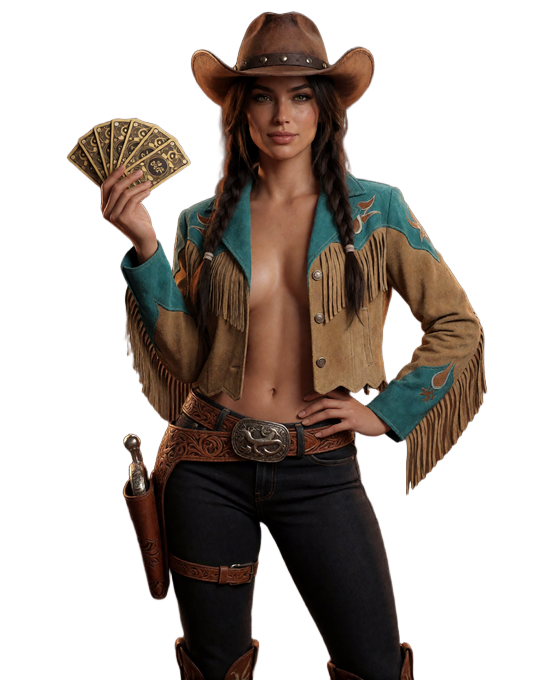 Selbstbewusstes Cowgirl-Model im Western-Outfit mit goldenen Casino-Chips als Symbol f&uuml;r den Lizaro Willkommensbonus