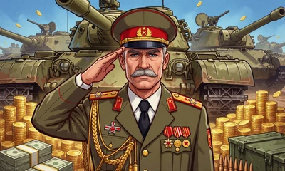 Jackpot Slot Major Millions: Comic-General mit Orden vor Goldm&uuml;nzen und Milit&auml;rfahrzeugen