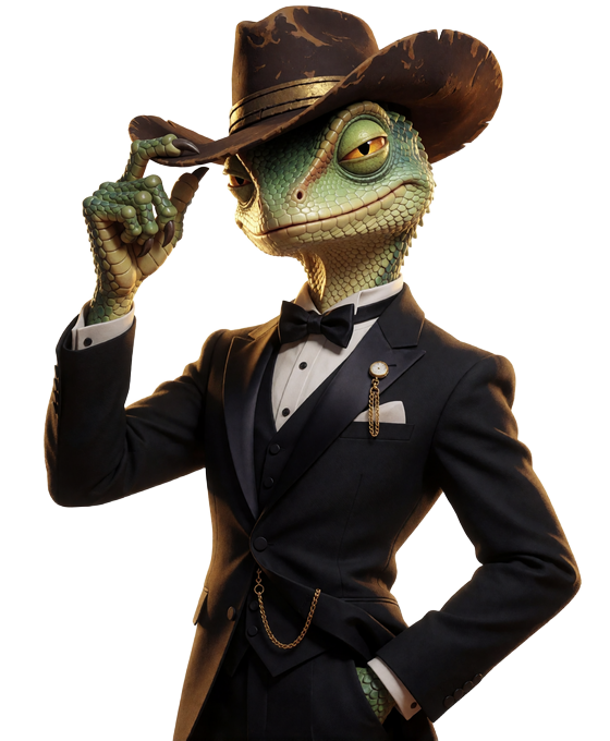 Lizaro VIP Maskottchen: eleganter Echsen-Cowboy im Smoking mit Cowboyhut und goldener Taschenuhr
