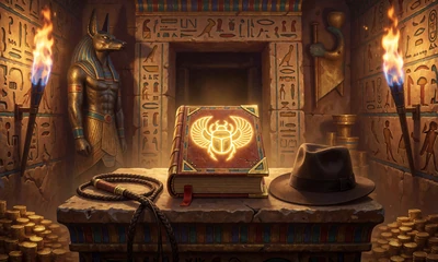 Online Slot Book of Dead: goldenes Buch mit Skarab&auml;us in einer fackelbeleuchteten Grabkammer