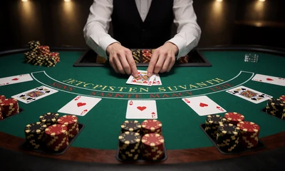 Live Blackjack Tisch mit gr&uuml;nem Filz, Karten und Chips unter goldenem Spotlicht