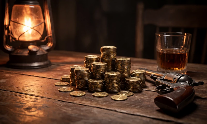 Goldm&uuml;nzen, Casino-Chips und Revolver auf einem Saloon-Tisch als Symbol f&uuml;r den Lizaro Willkommensbonus