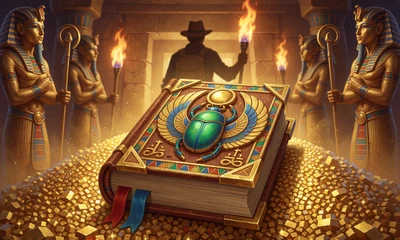 Slot-Cover Book of Dead: goldenes &auml;gyptisches Buch mit Skarab&auml;us in einer Fackel-grabkammer