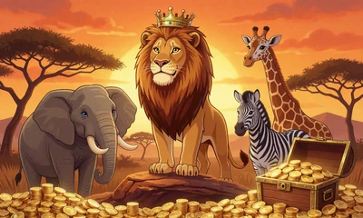 Jackpot Slot Mega Moolah: Cartoon-L&ouml;we mit Krone in der afrikanischen Savanne bei Sonnenuntergang