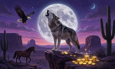 Jackpot Slot Wolf Gold: heulender Wolf vor Vollmond &uuml;ber einer W&uuml;stenschlucht