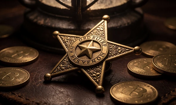 Goldener Sheriff-Stern auf dunklem Leder mit Goldm&uuml;nzen als Symbol f&uuml;r das Lizaro VIP Programm