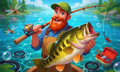 Online Slot Big Bass Bonanza: Cartoon-Angler mit riesigem Barsch am funkelnden See