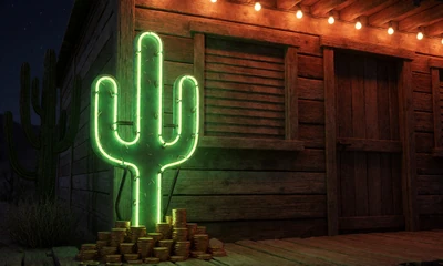 Gr&uuml;n leuchtender Neon-Kaktus mit Goldm&uuml;nzen als Symbol f&uuml;r das t&auml;gliche Lizaro Cashback
