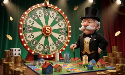 Live Game Show Monopoly Live: Geldrad mit 3D-Spielbrett und Maskottchen mit Zylinder