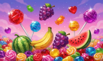 Slot-Cover Sweet Bonanza: bunte Bonbons, Lollipops und Fr&uuml;chte in einer Zuckerwolken-Welt